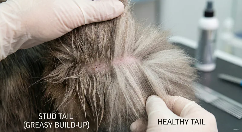 Close up of a Maine Coon tail showing signs of thinning and stud tail grease