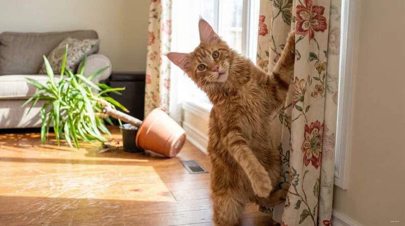 A lanky, adolescent Maine Coon with long legs and uneven coat