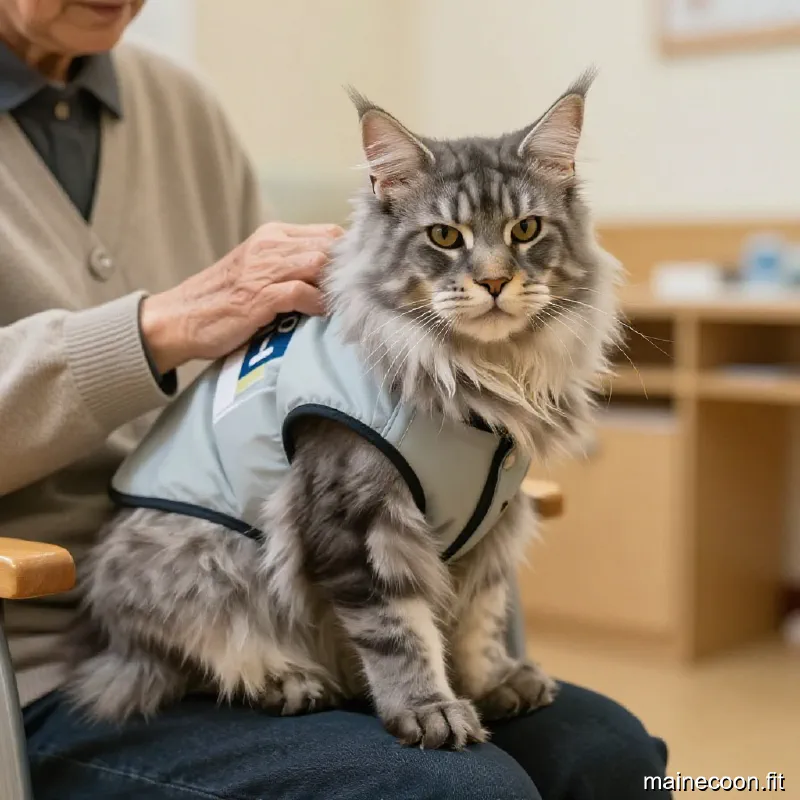 A large grey tabby Maine Coon therapy cat sitting on an elderly person's lap