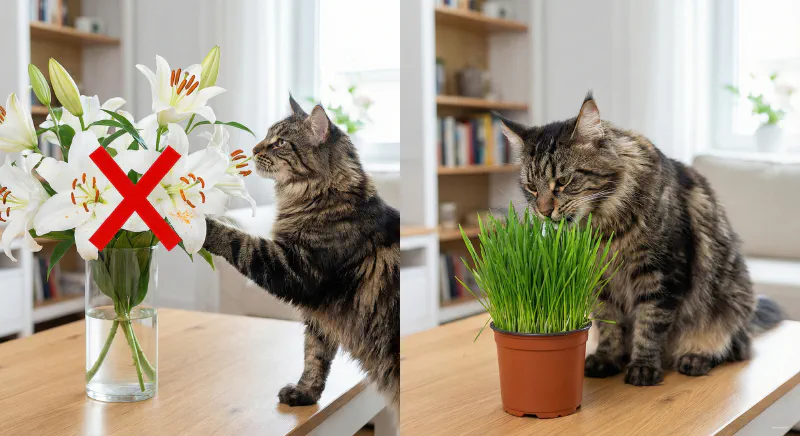 Split screen showing a toxic Lily versus safe Cat Grass