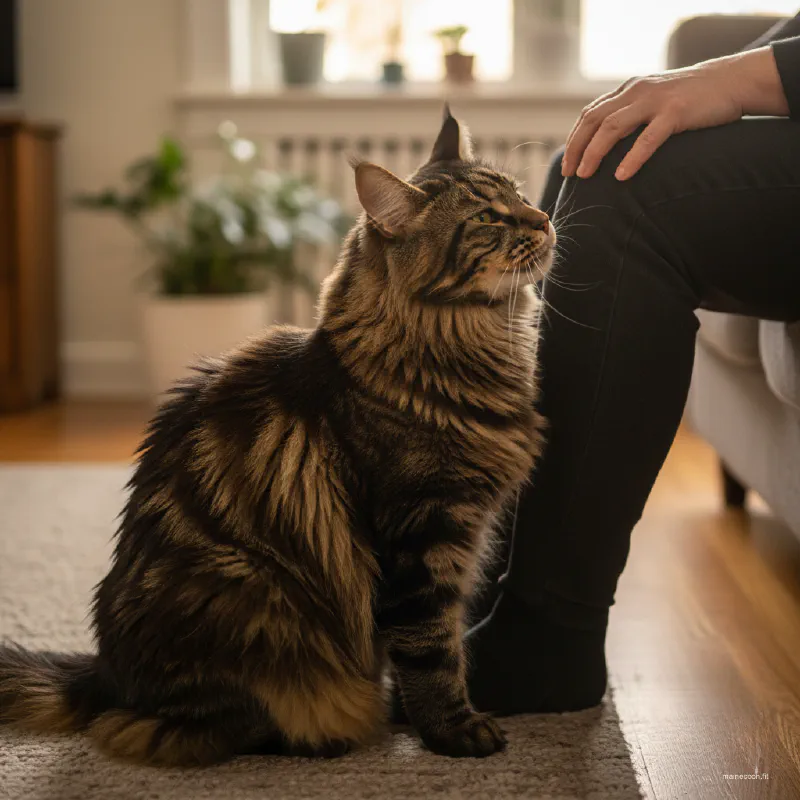 A Maine Coon looking up with mouth open mid-trill