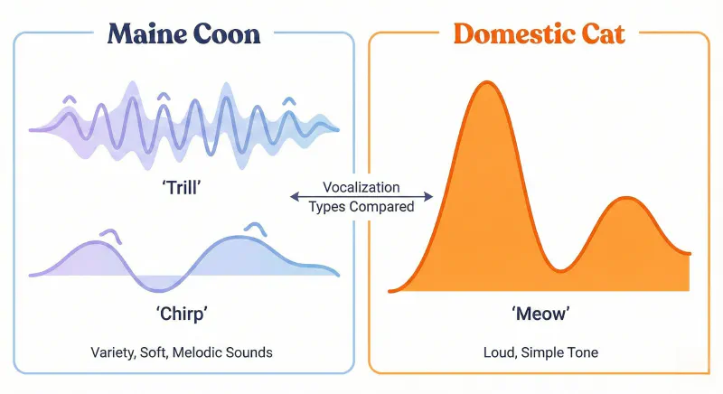 Infographic comparing the Maine Coon’s soft trills and chirps with the Domestic Cat’s simple meow