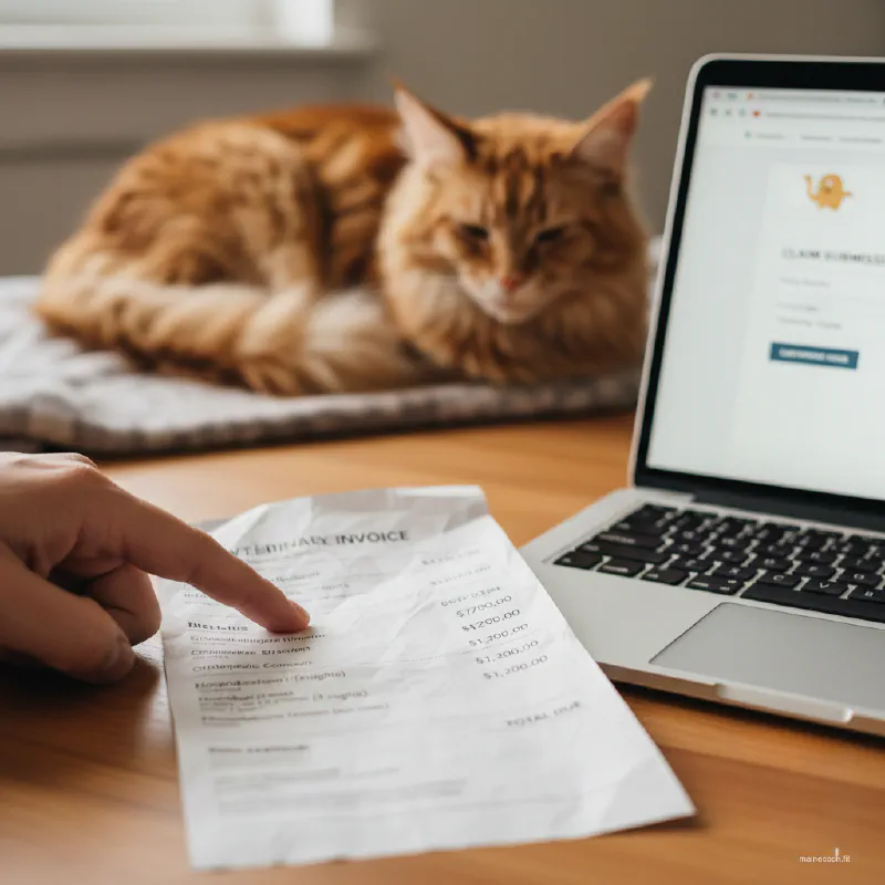 Close-up of a human hand pointing at a large veterinary bill next to a laptop displaying an insurance form