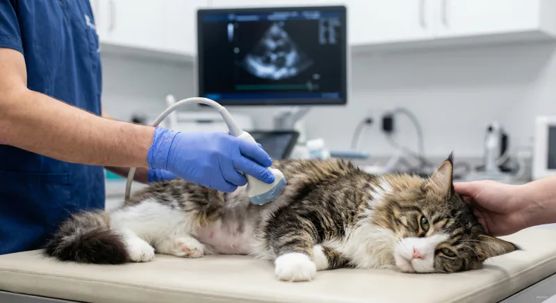 A Maine Coon cat lying down undergoing an echocardiogram with a veterinarian holding the probe