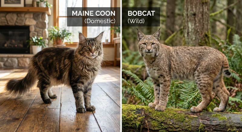 Side by side comparison of a Maine Coon cat and a wild Bobcat