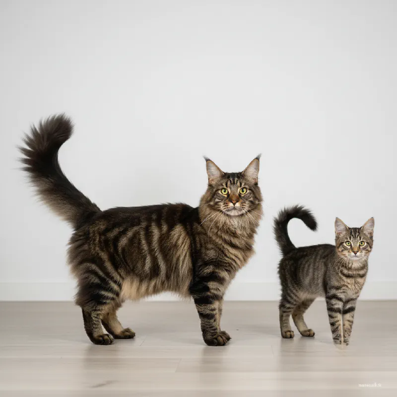 Side-by-side comparison of a massive Maine Coon and a standard-sized Domestic Longhair