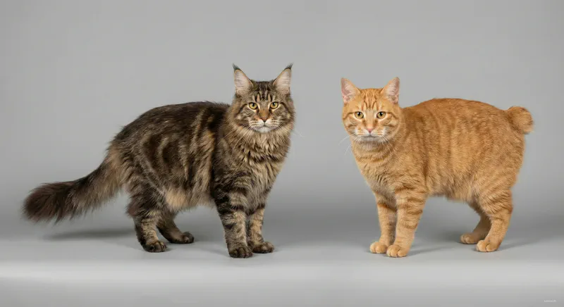 Side by side comparison of a long-tailed Maine Coon versus a tailless Manx cat