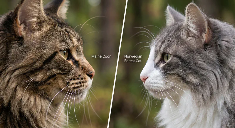 Profile comparison showing the curved nose of a Maine Coon vs the straight nose of a Norwegian Forest Cat