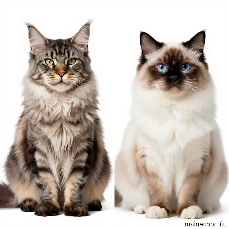 Side by side comparison of a muscular Maine Coon and a soft, fluffy Ragdoll