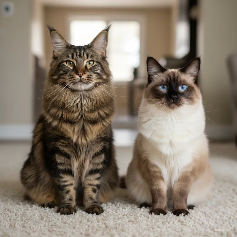 Side-by-side photo comparison of a Brown Tabby Maine Coon and a Seal Point Ragdoll