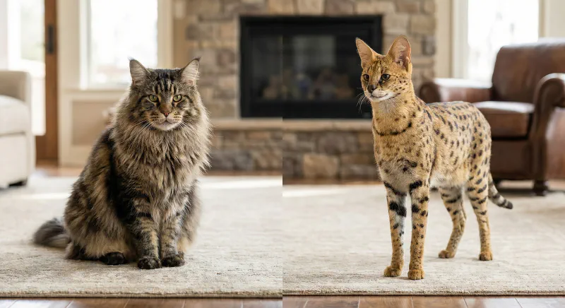 Side by side comparison of a stocky Maine Coon and a tall lanky Savannah cat
