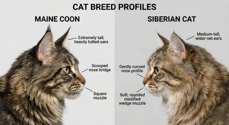 Silhouette comparison of the rectangular Maine Coon vs the rounded Siberian