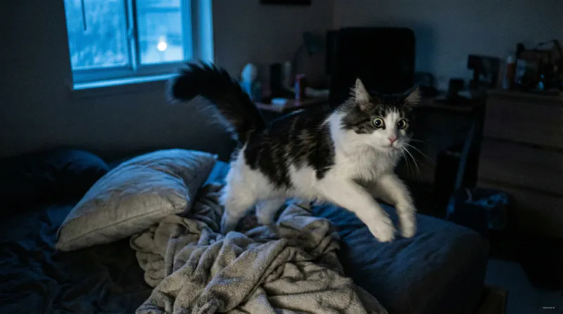 Illustration of a Maine Coon running wildly at night with glowing eyes