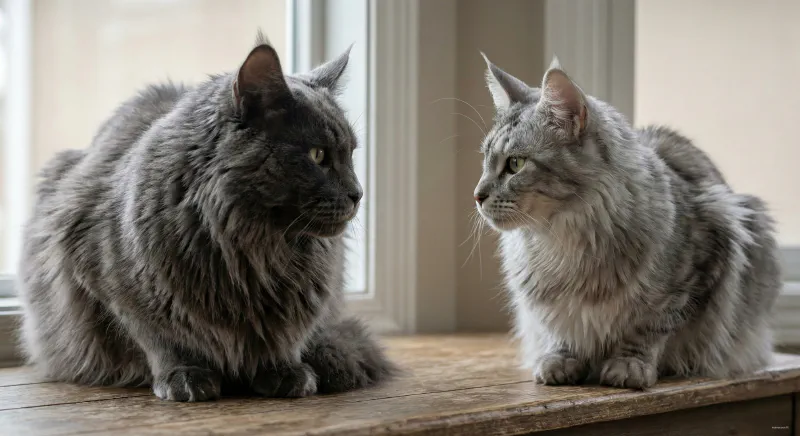 Side by side comparison of a large Male and smaller Female Maine Coon