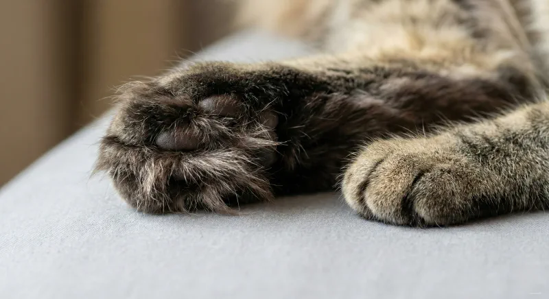 Macro comparison of a standard cat paw next to a large Maine Coon paw with prominent tufts