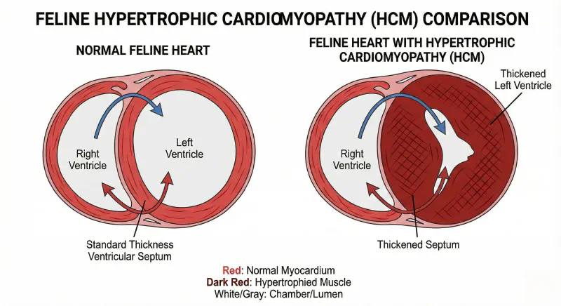 Anatomical diagram comparing a normal feline heart cross-section with a heart showing thickened left ventricular walls due to HCM