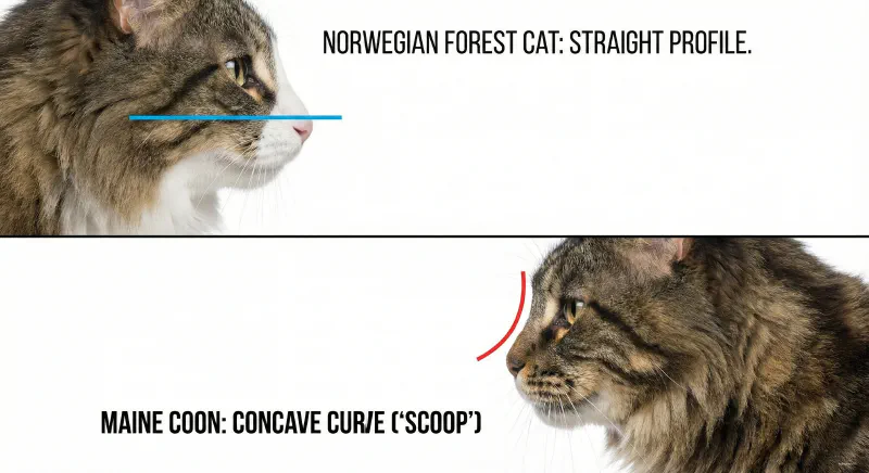 Diagram showing the straight Grecian profile of the Wegie versus the concave slope of the Maine Coon