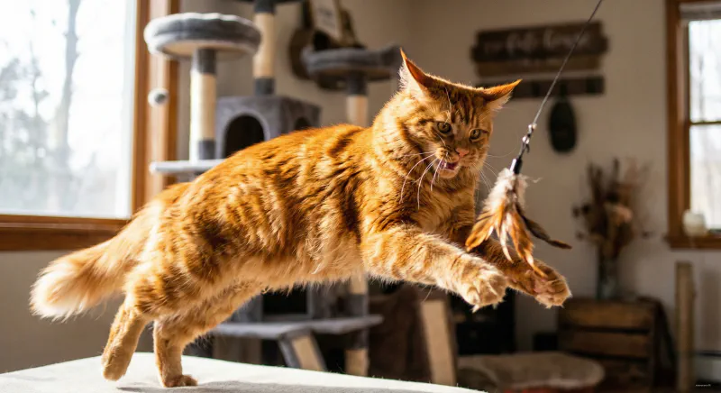 A Red Tabby Maine Coon playing energetically