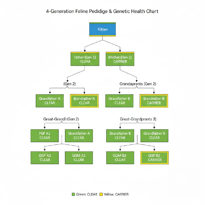 Conceptual diagram of a four-generation pedigree chart showing ancestors and health status codes