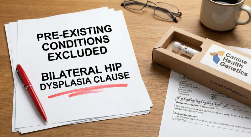 Flat lay of insurance documents with text highlighting pre-existing condition exclusions and joint issues