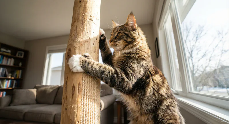 A Maine Coon with polydactyl paws expertly climbing a wooden scratching post, using the extra digits for grip