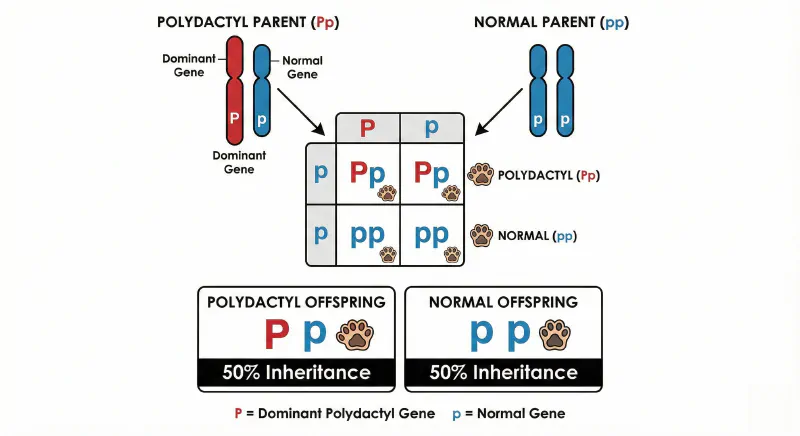 Punnett Square diagram illustrating the 50% dominant inheritance pattern of the polydactyl gene