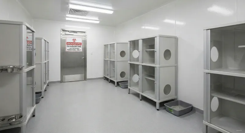 A photo of a modern cattery room with tile floors and easy to clean surfaces