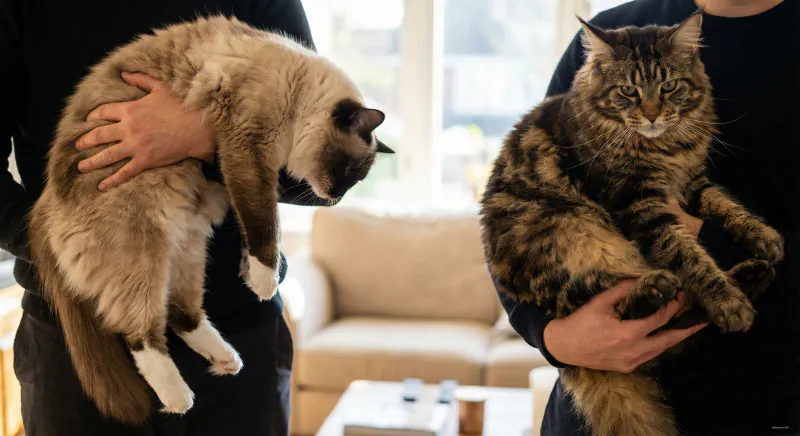 Owner holding a floppy Ragdoll cat contrasted with a Maine Coon maintaining its structure when held