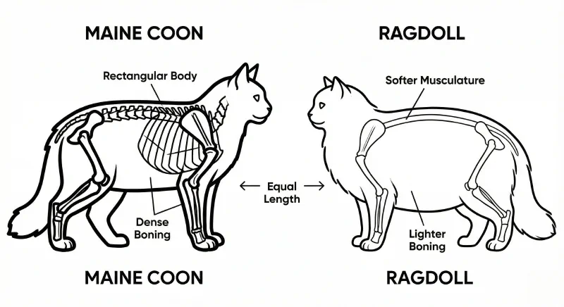 Conceptual diagram comparing the Maine Coon's rectangular, heavy-boned body structure with the Ragdoll's rounder, softer structure