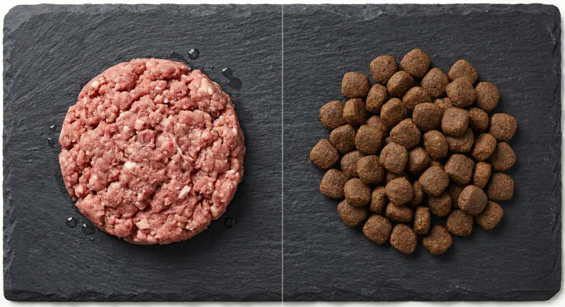 A flat lay showing a portion of raw ground meat and a portion of dry kibble side-by-side