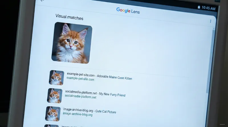 A computer screen showing a Google Reverse Image Search results page with multiple matches for a cat photo