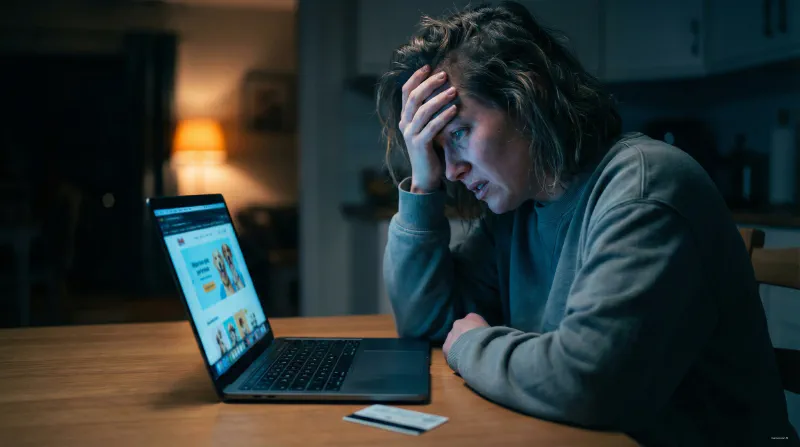 A person looking stressed and disappointed while looking at a laptop screen with a credit card in hand