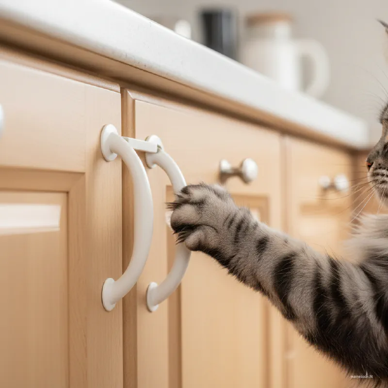 A close-up of a cabinet secured with a child-proof safety latch, with a Maine Coon paw visible nearby