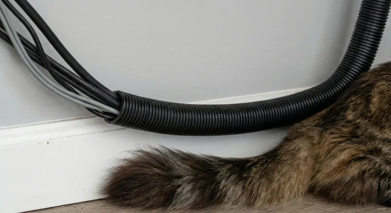 A bundle of electrical cords secured inside protective cable management tubing behind a desk