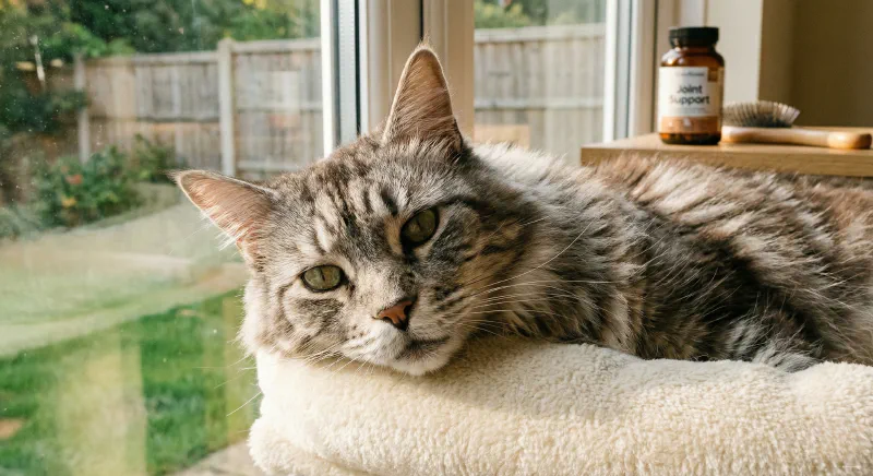 A senior Maine Coon cat resting comfortably on a window perch