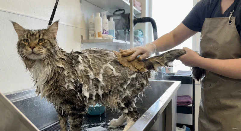 Applying degreasing paste to a dry cat coat before bathing