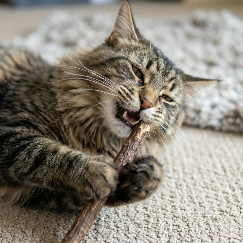 A cat chewing on a natural silvervine stick