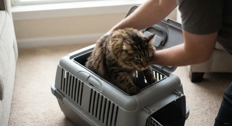 Human hand gently lowering a Maine Coon into a hard-sided, top-loading carrier