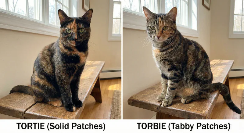 Comparison of a solid Tortoiseshell versus a striped Torbie