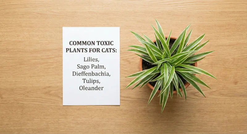 Flat lay of a list of toxic plants next to a safe spider plant, for identification and replacement