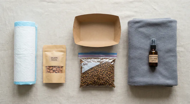 Flat lay of essential travel items for a cat: pee pads, treats, disposable litter box, and familiar blanket