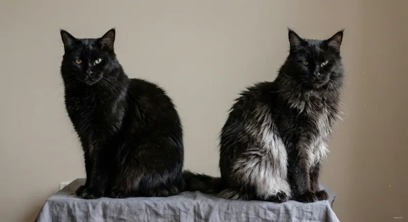 Two Maine Coons side-by-side: one solid black and one black smoke, showing the clear undercoat difference