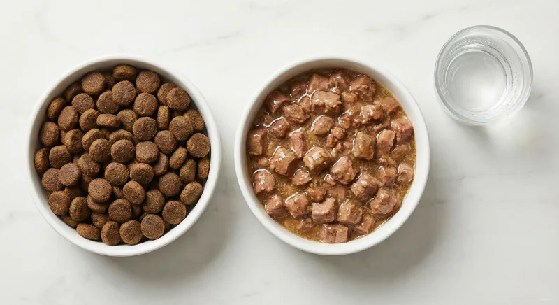 A flat lay photograph comparing a bowl of dry kibble next to a bowl of chunky wet cat food