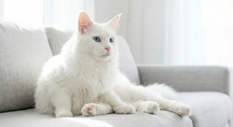 A pristine White Maine Coon with blue eyes sitting in a bright room